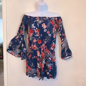 Lulu’s Wildwood Flower Navy Blue Tropical Print Off-the-Shoulder Romper